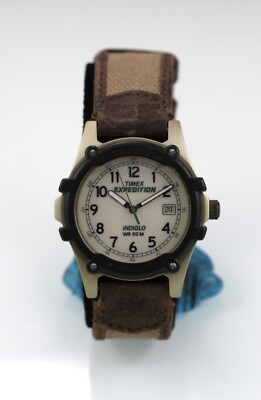 Timex Watch Men Gold Black Plastic 50m Light Date 24hr Beige Canvas Brown Quartz