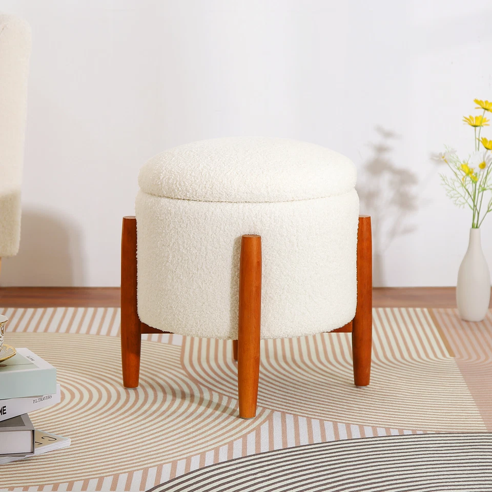 Livingroom Round Storage Ottoman Modern Teddy Velvet Footstool with Wood Legs - Image 3 of 4