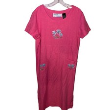 Island Influences Pink Linen Blend Palm Tree Embroidered Shift Dress Size 10