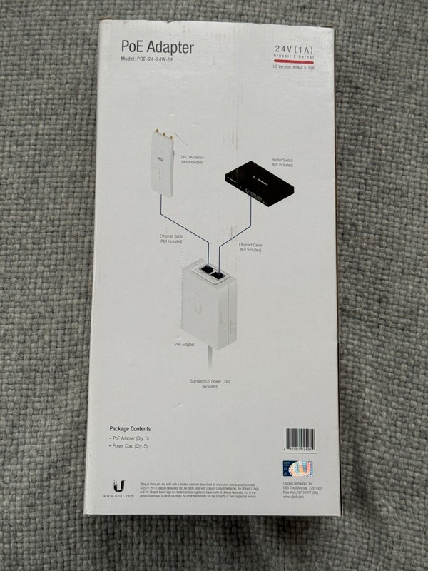 Ubiquiti POE-24-24W-5p 24V  PoE 1A Gigabit Adapter.  Pack of 5 - Open Box