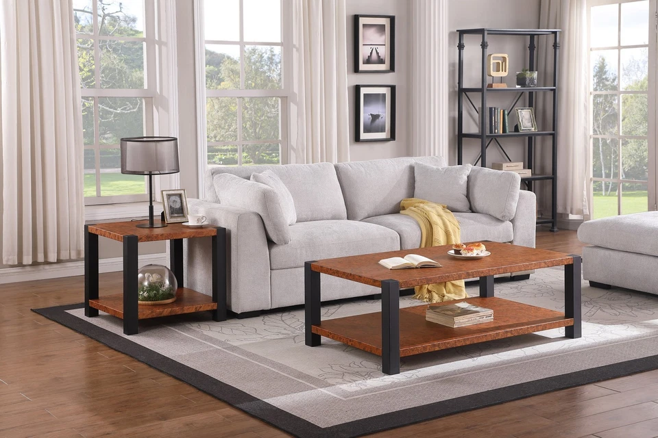 23.6" Square Burl Wood Metal Top Matte Black Double Layer End Table - Image 2 of 4