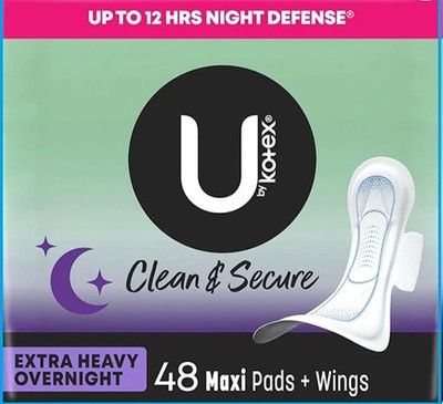 2-Pack U by Kotex Security Maxi w/ Wings, Extra Heavy Overnight, Unscented, 48ct