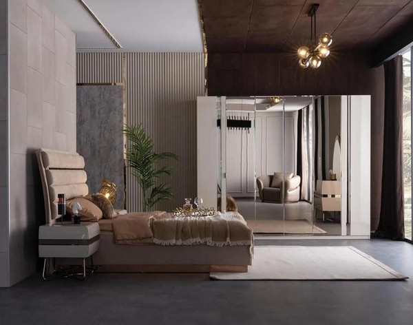 Schlafzimmer Set Komplett Bett 2X Nachttische Kleiderschrank Verspiegelt-image