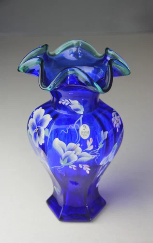 Fenton 1998 75th Anniversary Hand Painted Cobalt Blue Glass Hexagonal Vase