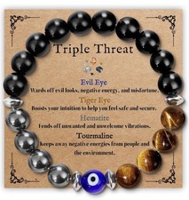Bracelet Triple Protection Evil Eye With Obsidian, Hematite  Tiger Eye