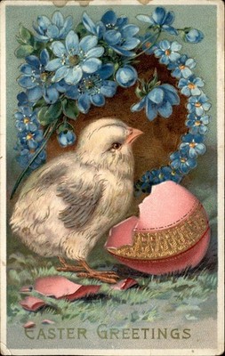 Easter Hatched Chick Pick & Gold Egg Blue Flowers Series 7038 c1910 Postcard
