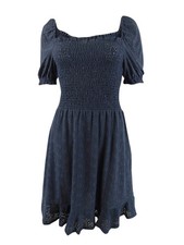 MICHAEL Michael Kors Women's Eyelet Smocked Peasant Dress (M, Navy)