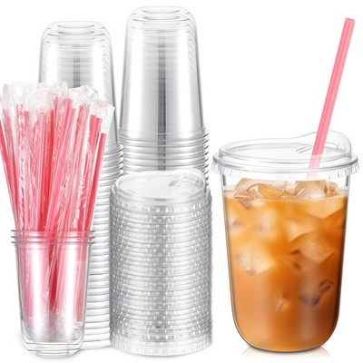 Ziliny 50 Sets Plastic Cups with Pink Heart Straws and Lids, Clear, 16 oz