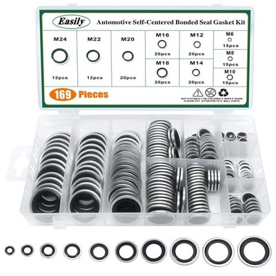 169PCS Automotive Self-Centered Bonded Seal/Gasket Assortment, Bonded Washer ...