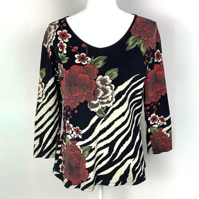 Jess & Jane Women M Top 3/4 Sleeve Lotus Asian Zebra Stripe Cherry Blossom Black
