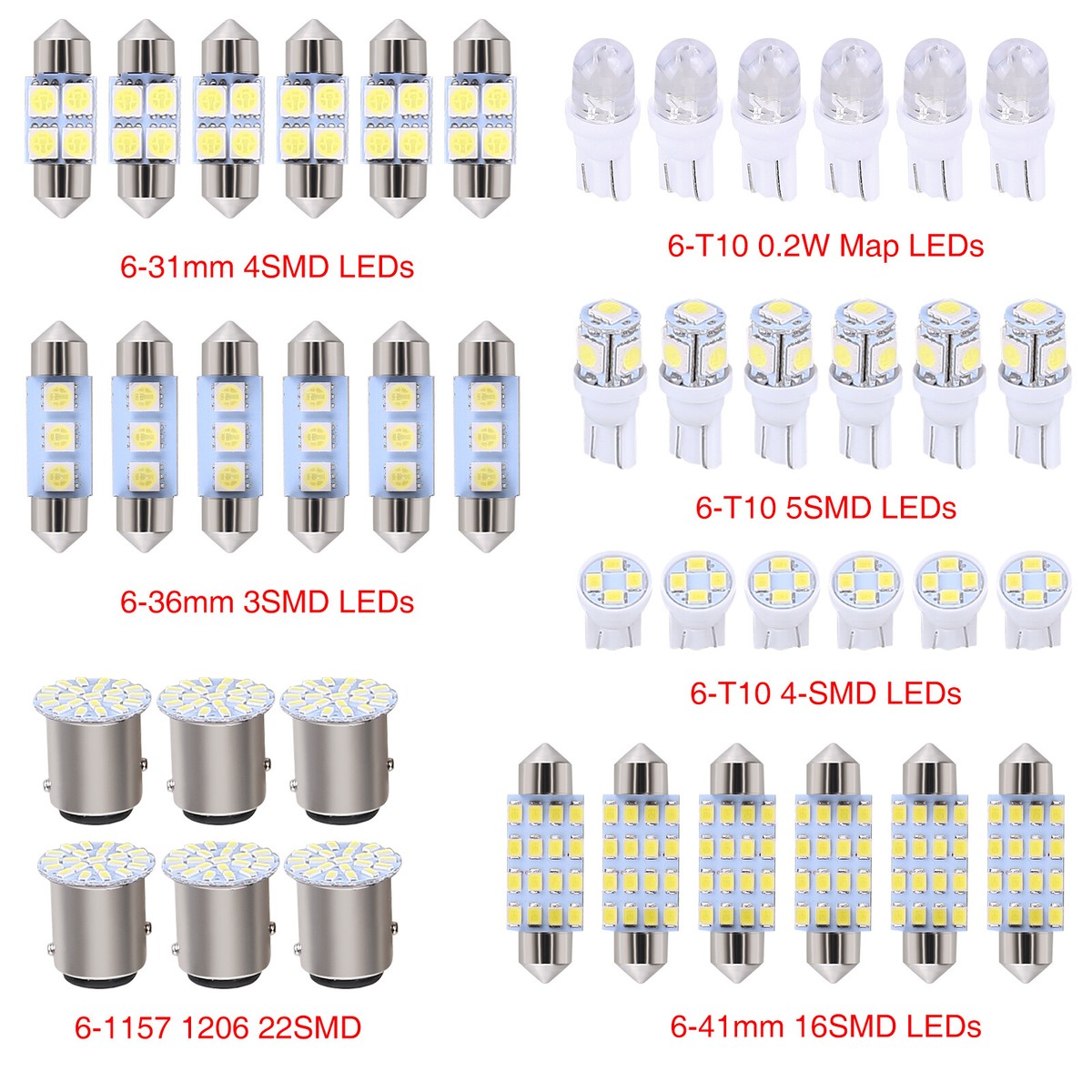 White 42PCS Car Interior Combo LED Map Dome Door Trunk License Plate Light Bulbs