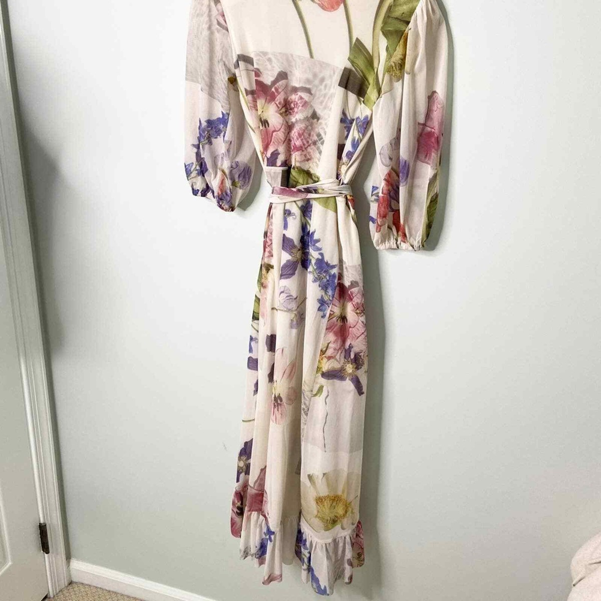 ganni white floral mesh wrap dress GANNI Tilden Mesh FloralPrint Wrap Dress Sz 36 Medium. chest 32