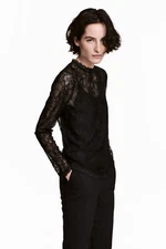 H&M Black Lace MockNeck LongSleeve HolidayNYEChristmas CocktailParty Blouse Sz L