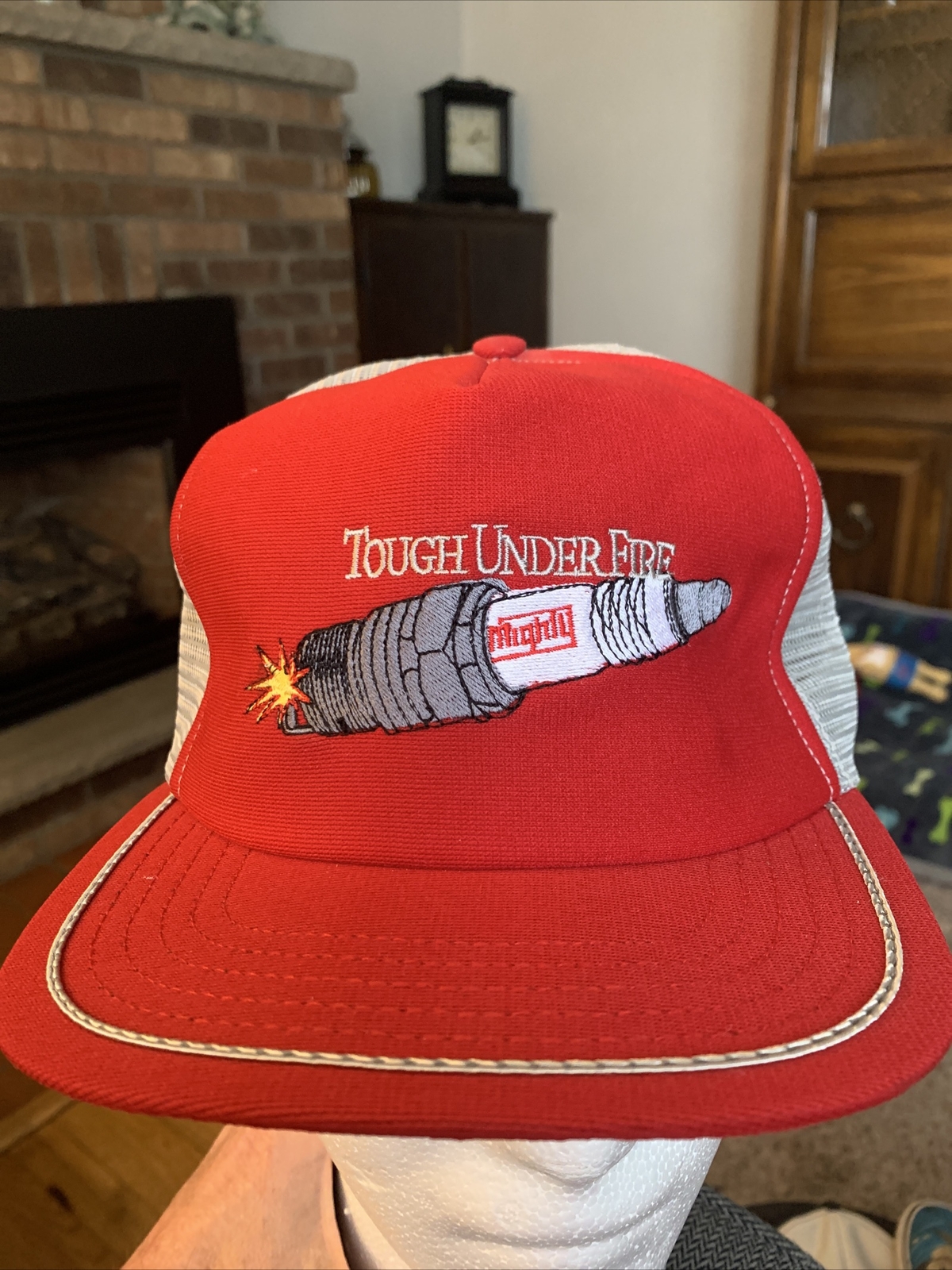 Rare VTG 80s Mighty Spark Plugs Foam Trucker SnapBack Hat USA Champion Cap