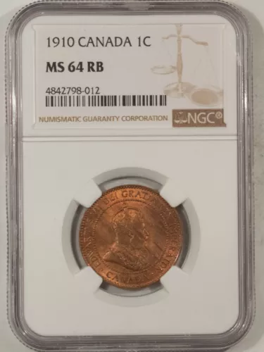 CANADA 1910 LARGE CENT, KM-8 - NGC MS-64 RB