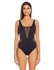 LA BLANCA ALL MESHED UP U BACK ONE PIECE SWIMSUIT BLACK SIZE 12 NEW  150