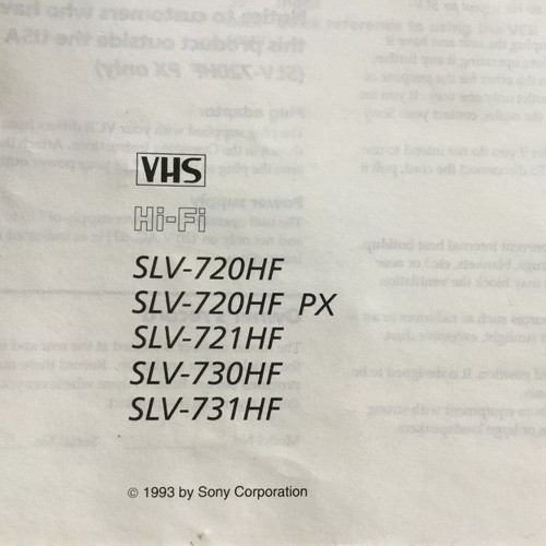 Sony VCR Manual SLV-720HF Instructions Original SLV-721HF SLV-730HF 731HF 1993 - Picture 2 of 7