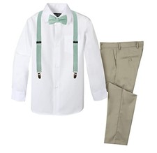Boys' 4-Piece Linen Suspenders and Bow Tie Outfit 7 Tan-c/White/Sage