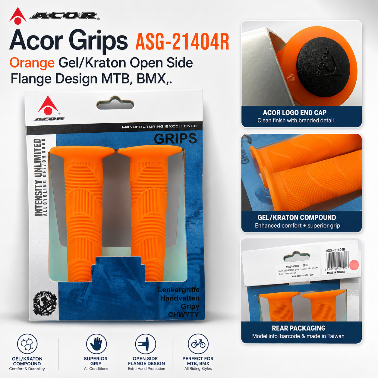 Acor Grips ASG-21404R Orange Gel/Kraton Open Side Flange Design MTB, BMX,