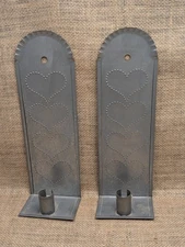 Pair Primitive Punched Tin CANDLE SCONCES ~ Hearts &  Crimped Top ~ Americana