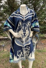Handmade Alpaca Wool Poncho, Wolf Pack, Dark Blue, Hooded With Wooden Buttons