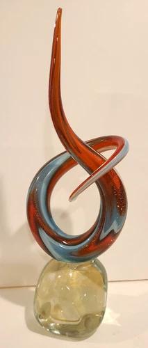 Sandro Frattin Art Glass Murano Signed Sculpture Orange Blue Gold Flecks