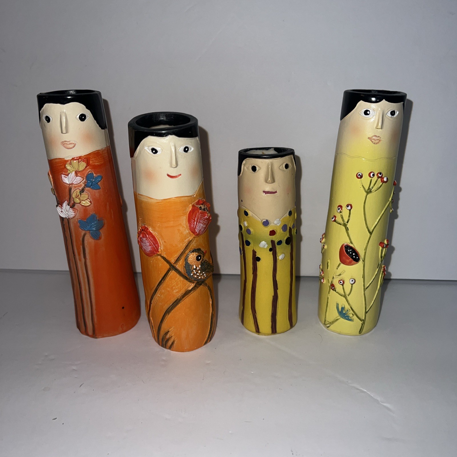 4 Resin Kokeshi Vintage Wooden Dolls/ Vases Made in Japan Hand Painted 3D.