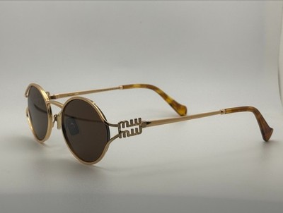 Miu Miu MU52YS Round Sunglasses Women Gold Frame Warm Brown Gradient Lens UV400