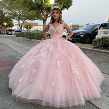 Pink Quinceanera Dresses Ball Gown Lace AppliqueTulle Birthday Sweet 16 Dress