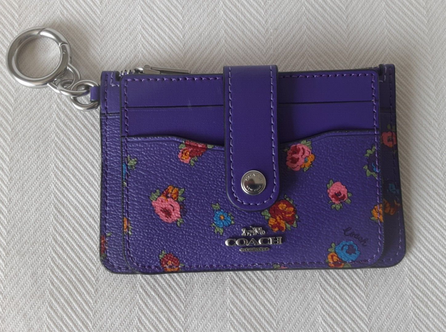 Coach C9933 Attachment Card Case W Mini Vintage Rose Print Purple Multi 