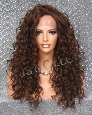 Human hair Blend Full Lace Front Wig Long Heat OK BROWN MIXED Curly WSH