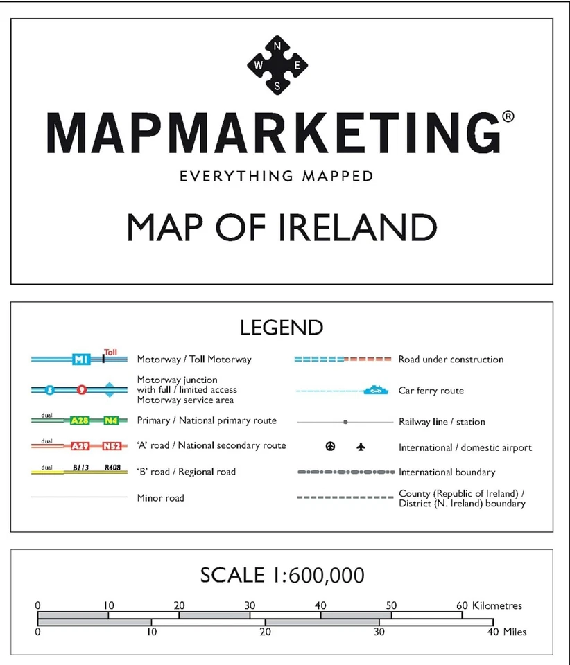 Laminated Wall Map Of Ireland A & B Roads Motorways Towns & City - 84cm x 100cm - Image 4 of 4