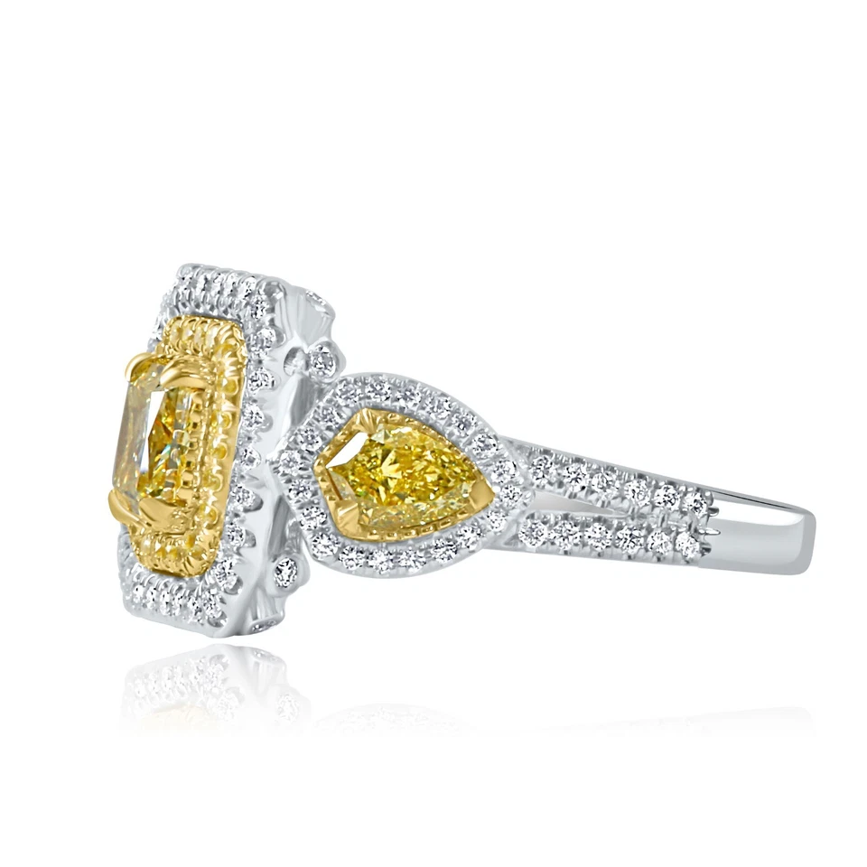 Anillo con halo de diamantes de corte brillante radiante amarillo elegante certificado por GIA 2,12 TCW de 18 k Foto 2 de 4
