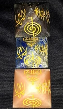 3 Small CHAKRA CRYSTAL PYRAMIDS w GOLD ENGRAVED REIKI SYMBOLS Spiritual Healing.