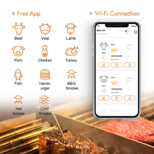 Inkbird meat thermometer IBBQ-4T wifi Rechargeable + Instant Read bbq pen IHT-1P - Picture 5 of 12