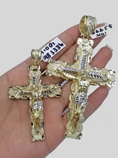 Real 10k Yellow Gold Cross Pendant Nugget Jesus Charm 2.9 Inch 3.9 Inch