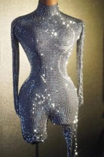 Sparkly Long Sleeve Crystal Dance Bodycon Bodysuits Stage Performance Wear Party