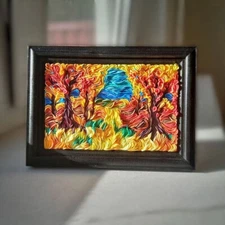 The painting is made of polymer clay. Autumn landscape. Handmade work.