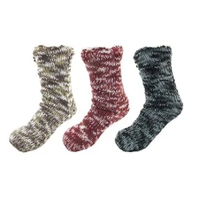 Warm Fuzzy Cozy Thermal Fleece-lined Knitted Non-skid Crew Socks, 3 Pairs Asst I