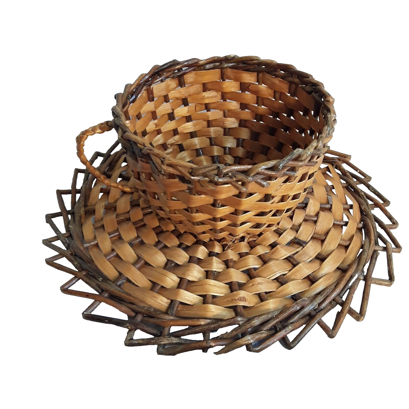 Vintage Wicker Rattan Teacup Basket Planter Cup and Saucer Boho Planter