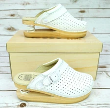 J Rubio White Clog Spotted Leather Wood Platform Spring Z-Coil Luver