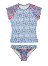 Seafolly L6460 Girls Boho Blue Tile Short Sleeve Surf Set Size 14 AUS