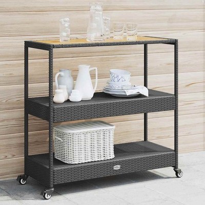 vidaXL 3-stöckiger Barwagen aus schwarzem Polyrattan und Akazienholz
