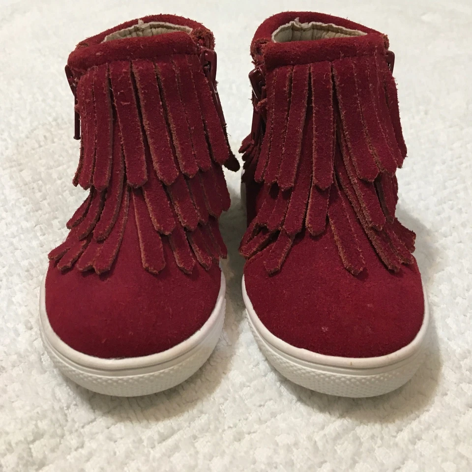 Texas Moccs Niñas Pequeñas Rojo Gamuza Flecos Mocasines Botas Cierre de Cremallera Talla 5 Foto 3 de 4