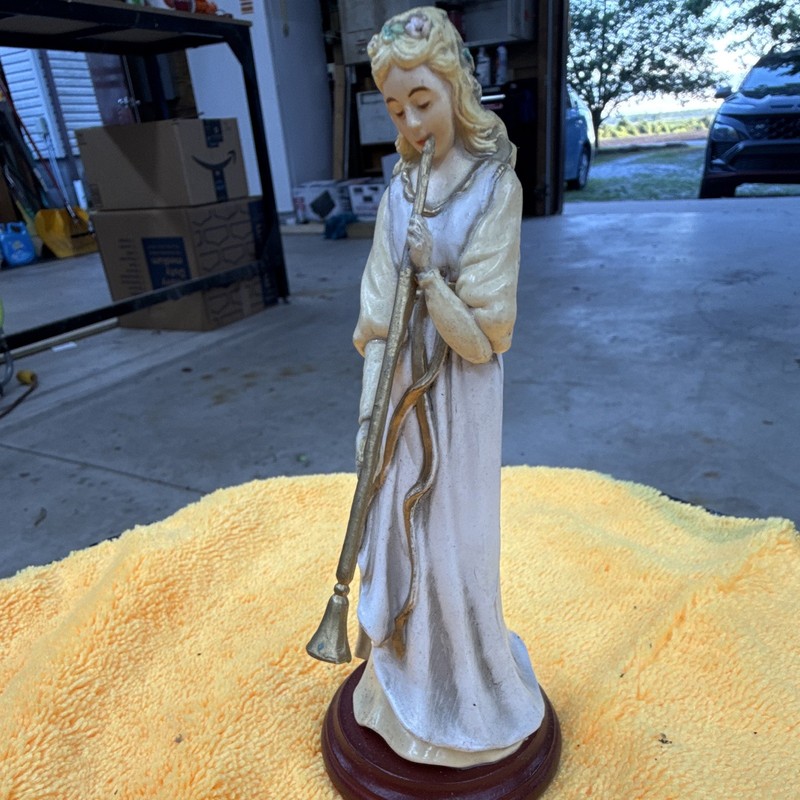 White Gold Painted Resin Angel Figurine on Wooden Base Blonde Woman Statue