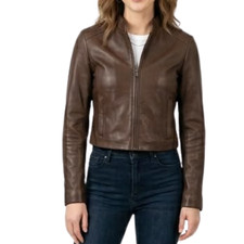 Women's Brown Genuine Leather Cropped Jacket Biker Caf Racer Buckle Slim Fit