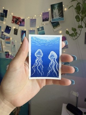 ACEO Original Midnight Drift Deep Blue Ocean Luminous Jellyfish 2.5x3.5
