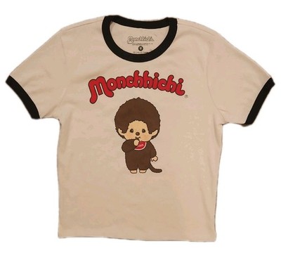 New Monchhichi Chimutan Logo Girls Medium White Cotton Ringer Tee