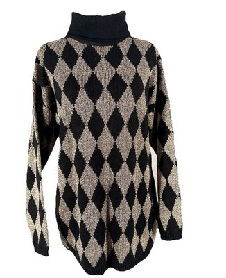 VTG 80s GLAM Harlequin Diamond Sweater Statement Disco Gold Metallic Black Sz M