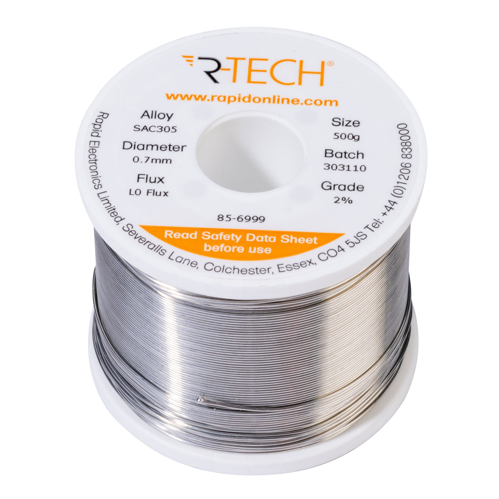 R-TECH SAC305 Solder 2% L0 Flux Halide-Free 0.7mm 500g Reel